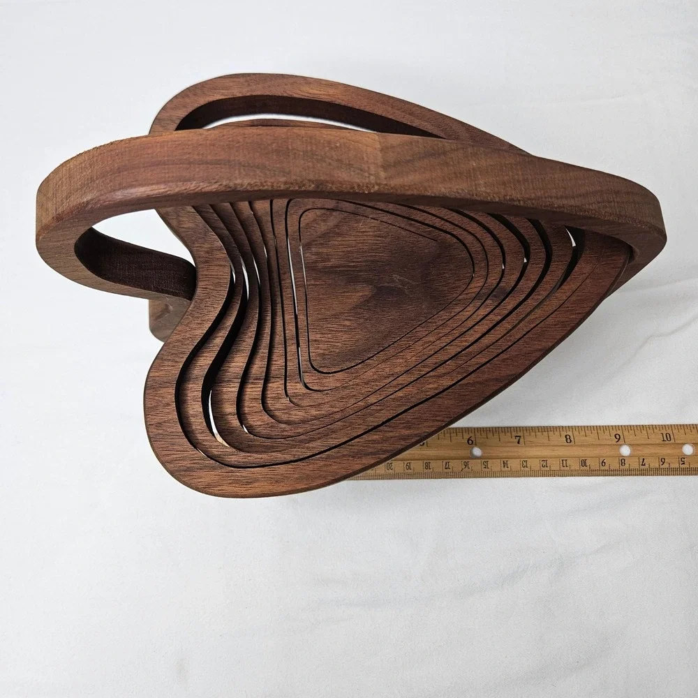 Vintage Heart Shaped Collapsible Wood Fruit Basket Trivet Walnut MCM Decor 10x11